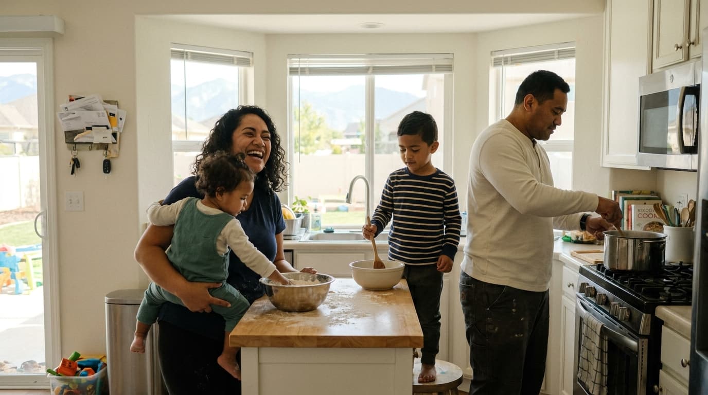 A young family cooking together in their kitchen