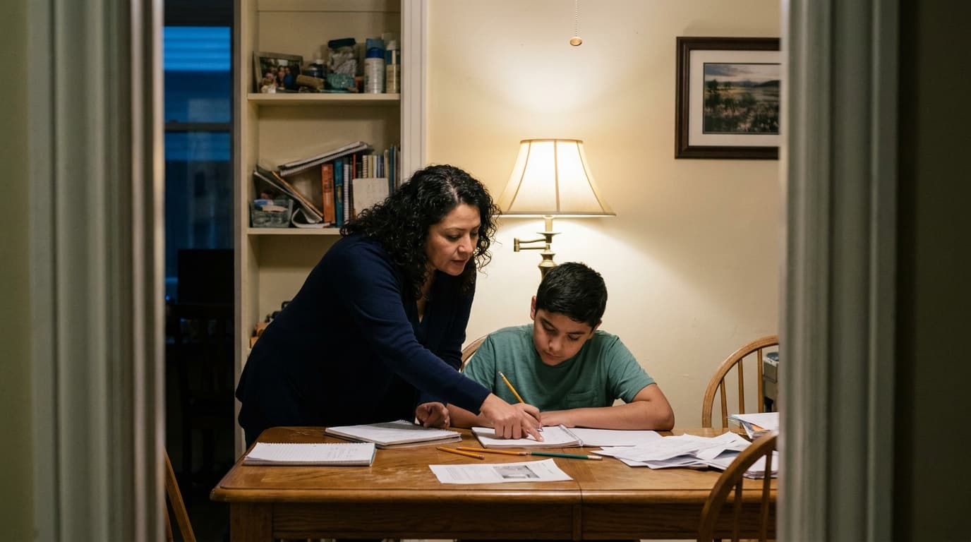 A parent helping a child with homework at the dining table