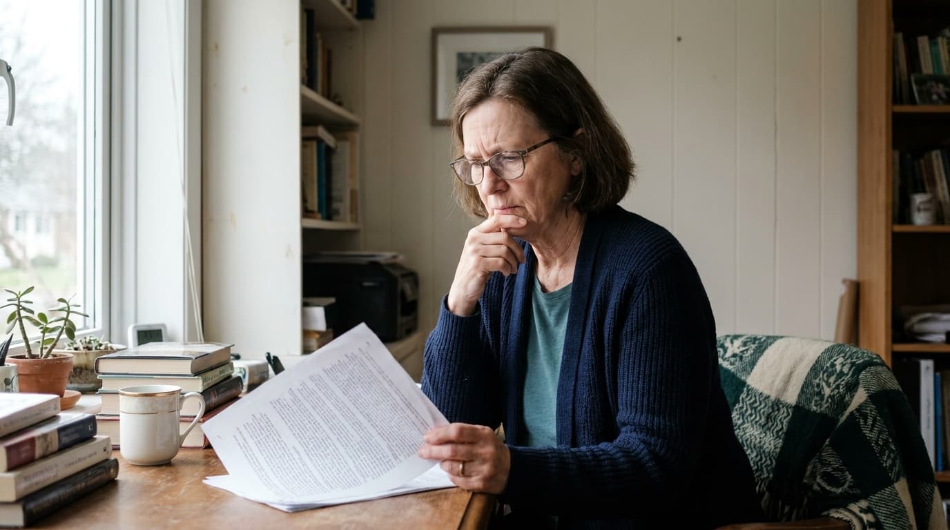 An older adult reading plan documents at a desk
