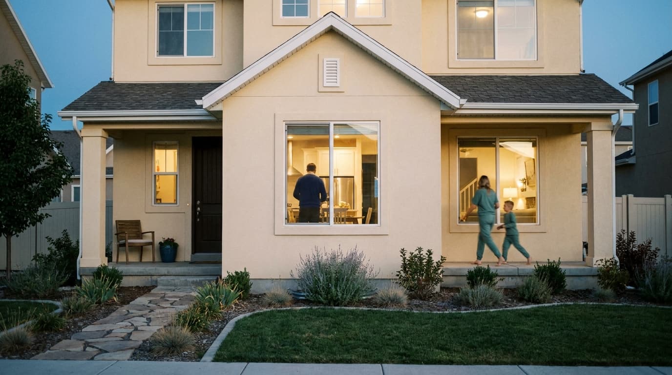The front of a family home at dusk