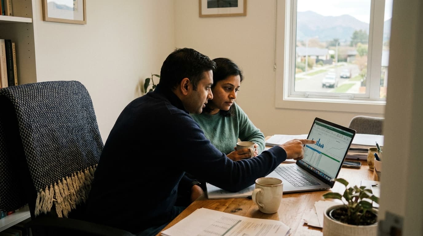 A couple reviewing long-term financial plans on a laptop