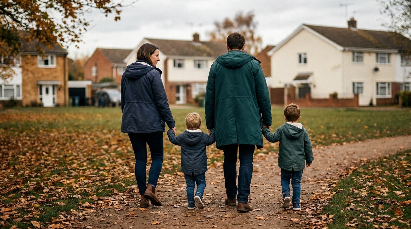 Parents and two kids walking together in a park