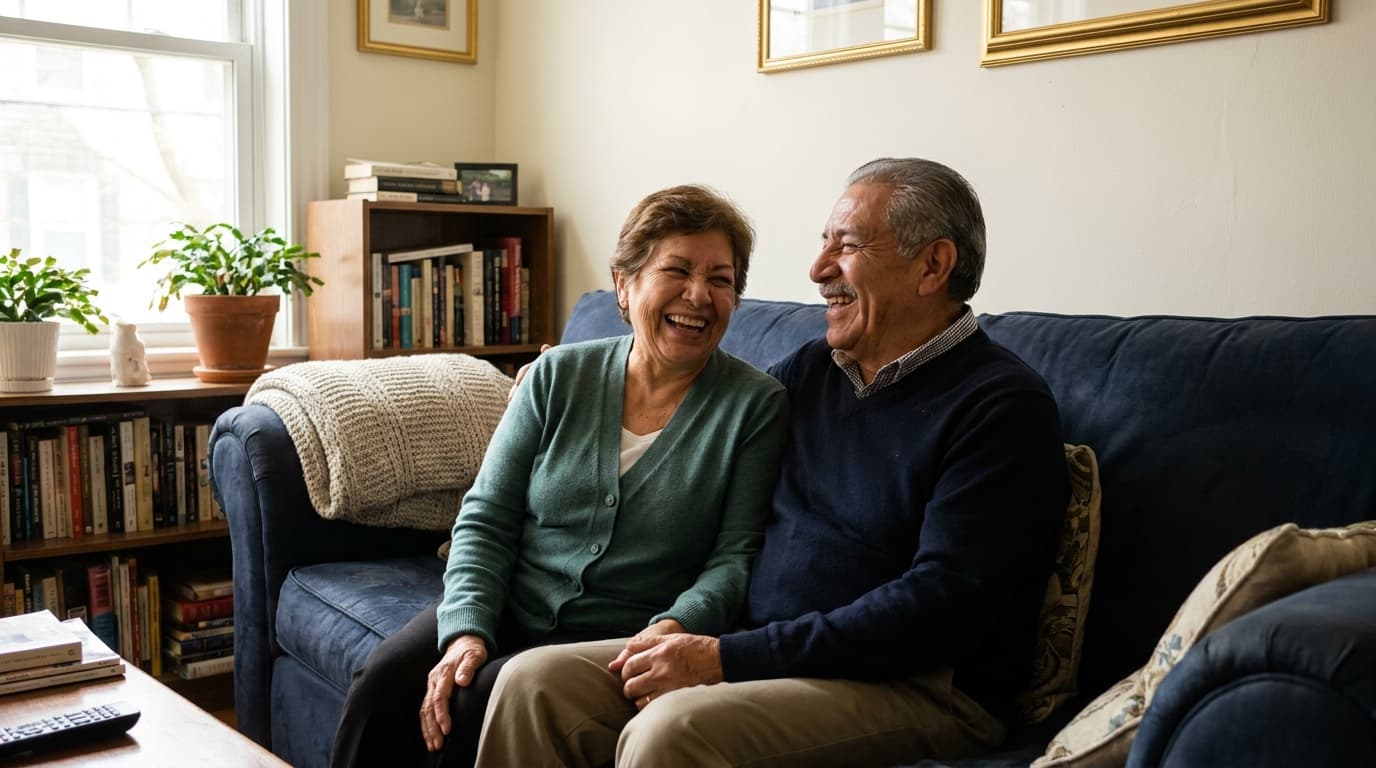A retired couple smiling together at home