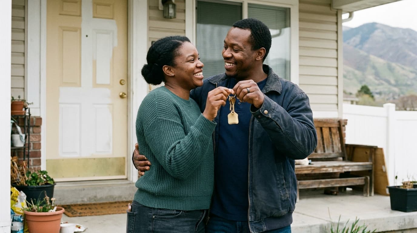 A couple holding keys in front of their new home