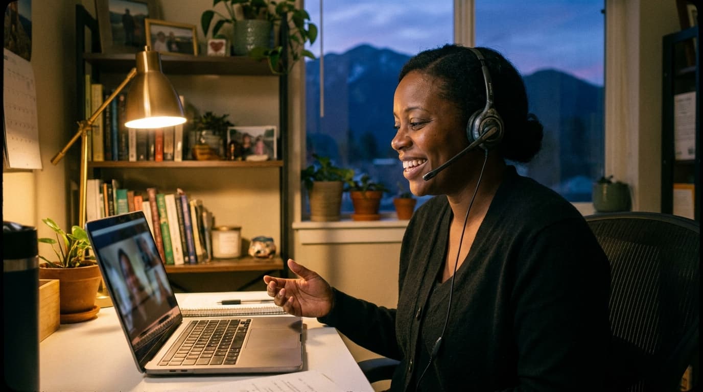 An agent on a video call from a home office