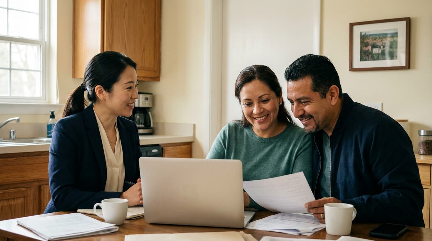 An insurance agent reviewing coverage options with a couple at their kitchen table