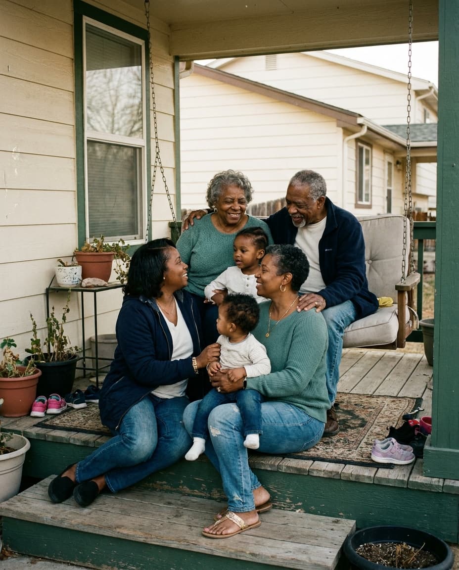 A family relaxing together on the front porch of their home